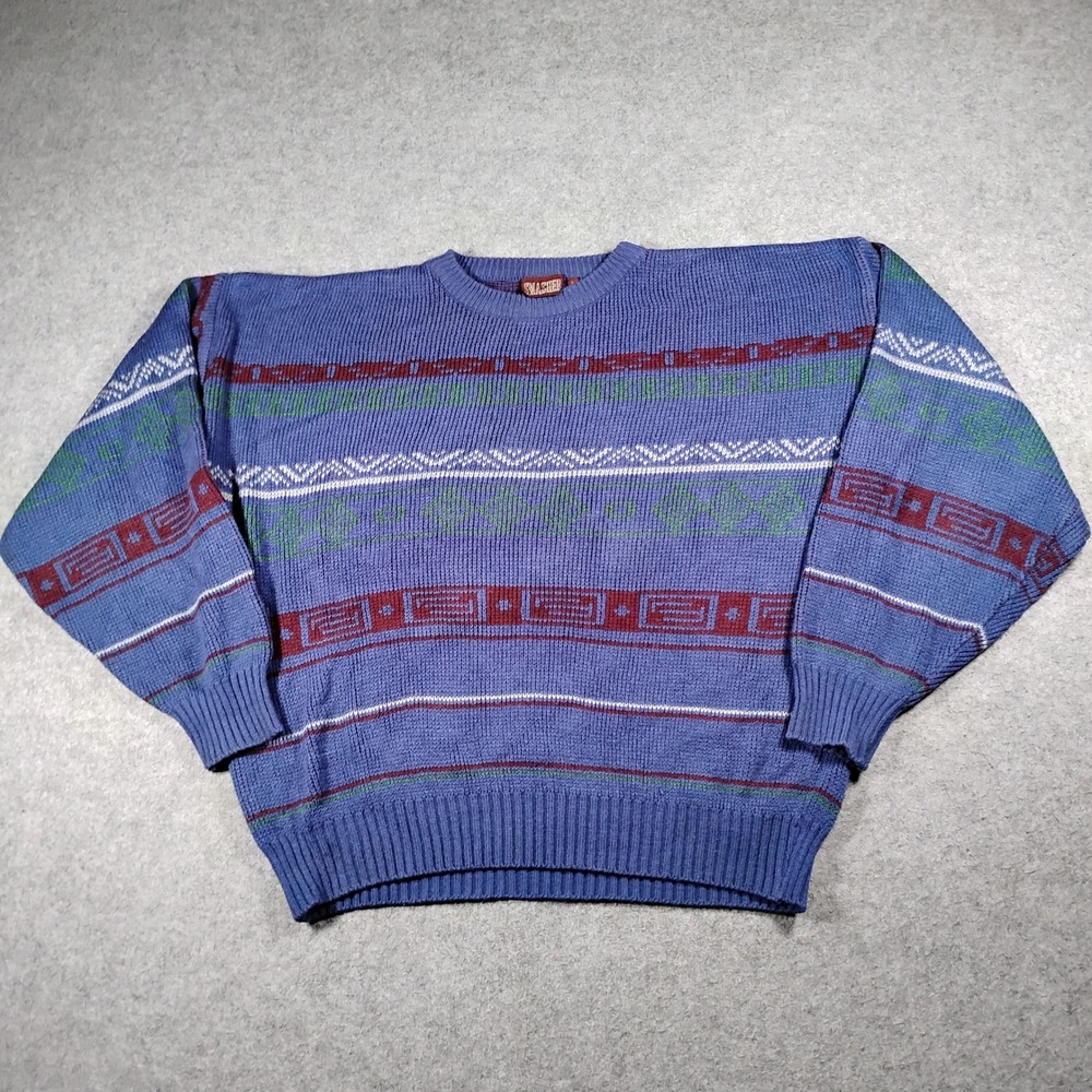 Smasher Vintage Blue Geometric Knit Pullover Sweater Mens Large Acrylic 90s